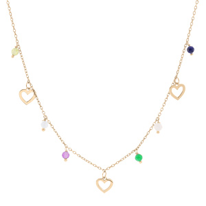 Collier en argent et dorure jaune pampilles coeurs évidés et perles facetées 40+4cm