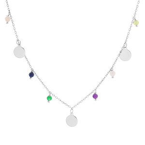 Collier en argent rhodié chaîne avec pastilles lisses et perles facetées 40+4cm