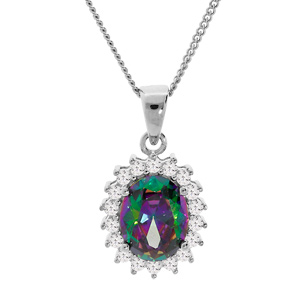 Collier en argent rhodié chaîne avec pendentif oxyde mystique arc en ciel et contour dentelle d’oxydes blancs 42+3cm