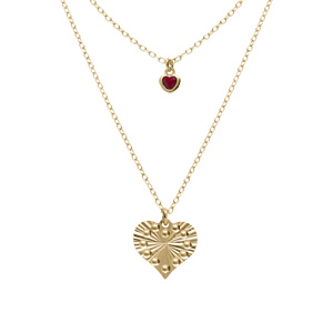 Collier argent doré jaune double chaîne pendentif coeur diamanté et 1 oxyde rose réglable 40 à 45cm
