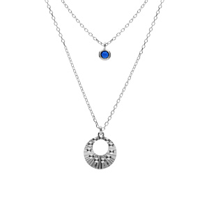 Collier argent rhodié double chaîne pendentif diamanté et 1 oxyde bleu réglable 40 à 45cm