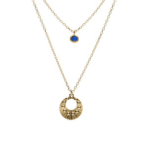 Collier argent doré jaune double chaîne pendentif diamanté et 1 oxyde bleu réglable 40 à 45cm