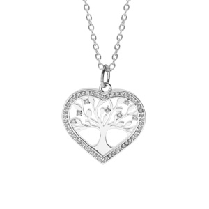 Collier en argent platiné chaîne avec pendentif coeur motif arbre de vie contour oxydes blancs serti