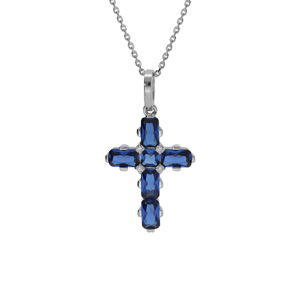 Collier en argent rhodié pendentif croix avec oxydes bleus 38+5cm