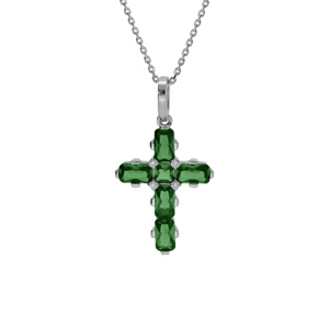 Collier en argent rhodié pendentif croix avec oxydes verts 38+5cm