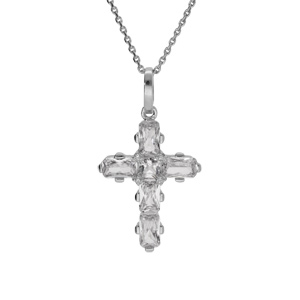 Collier en argent rhodié pendentif croix avec oxydes blancs 38+5cm