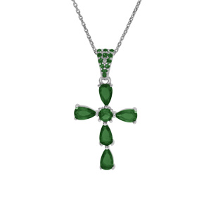 Collier en argent rhodié pendentif croix avec oxydes vert 38+5cm