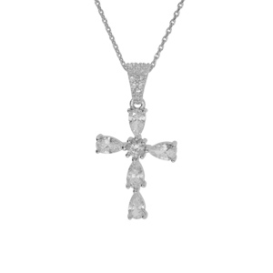 Collier en argent rhodié pendentif croix avec oxydes blancs et bélière ornée d'oxydes 38+5cm