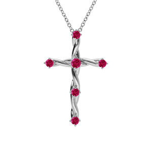 Collier en argent rhodié pendentif croix avec oxydes fushia 41+3cm