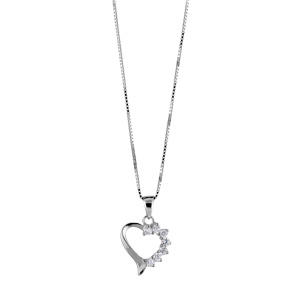 Collier en argent rhodié chaîne avec pendentif coeur avec 1 moitié en oxydes blancs – longueur 42cm + 3cm de rallonge