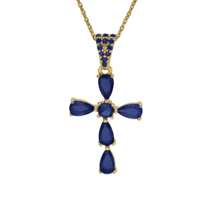 Collier argent doré pendentif croix oxydes bleu foncé réglable 38 à 43cm