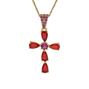 Collier argent doré pendentif croix oxydes rouges réglable 38 à 43cm