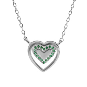 Collier en argent rhodié chaîne avec pendentif coeur et oxydes verts longueur 40+4cm