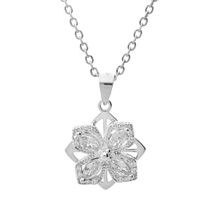 Collier en argent rhodié chaîne avec pendentif fleur (qui tourne) et oxydes blancs sertis 40+3cm