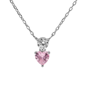 Collier en argent rhodié chaîne avec pendentif coeur avec oxyde rose et blanc longueur 40+4cm