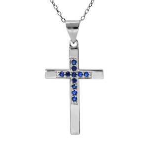 Collier en argent rhodié chaîne avec pendentif croix et oxydes bleu longueur 40+4cm