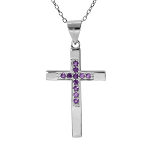 Collier en argent rhodié chaîne avec pendentif croix et oxydes violet longueur 40+4cm