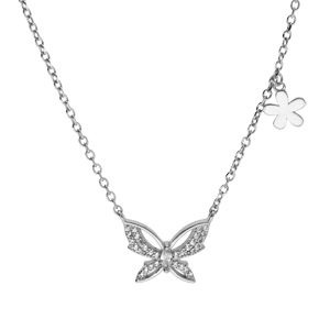 Collier en argent rhodié avec papillon pavé d'oxydes blancs longueur 42+3cm
