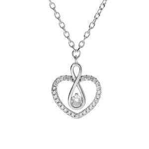 Collier en argent rhodié chaîne avec pendentif coeur au contour oxydes blancs et motif infini avec o