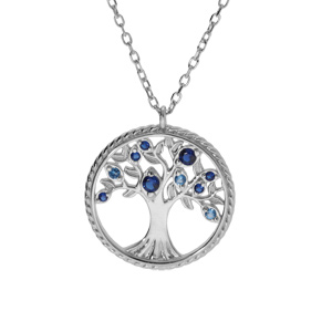 Collier en argent rhodié chaîne avec pendentif motif arbre de vie contour perlé et oxydes dégradé bleu 42+3cm