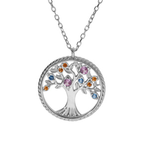 Collier en argent rhodié chaîne avec pendentif motif arbre de vie contour perlé et oxydes multi coul