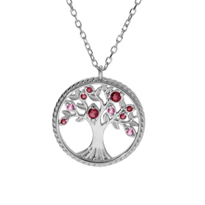 Collier argent rhodié pendentif arbre de vie contour perlé avec oxydes dégradé rose 42+3cm