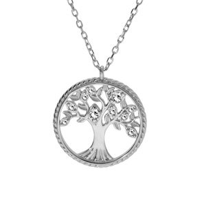 Collier en argent rhodié chaîne avec pendentif motif arbre de vie contour perlé et oxydes blancs 42+