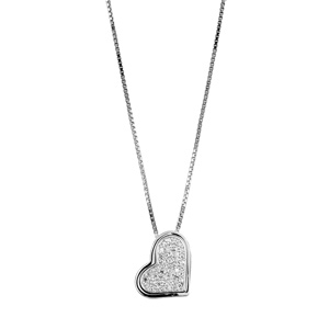 Collier en argent rhodié chaîne avec pendentif coeur amovible bords lisses et pavé d'oxydes blancs -
