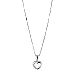 Collier en argent rhodié chaîne avec pendentif coeur évidé avec 1 moitié lisse et l’autre ornée d’oxydes blancs – longueur 42cm + 3cm de rallonge