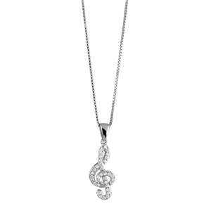 Collier en argent rhodié chaîne avec pendentif clé de sol ornée d'oxydes blancs - longueur 42cm + 3c