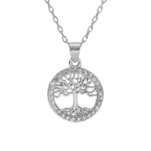 Collier argent rhodié pendentif arbre de vie contour oxydes blancs sertis 40+5cm