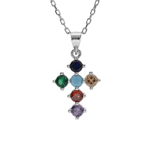 Collier en argent rhodié pendentif croix 15x10mm oxydes multi couleurs sertis 40+5cm