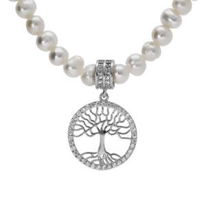 Collier perles de culture d'eau douce et arbre de vie avec oxydes blancs sertis 40+5cm