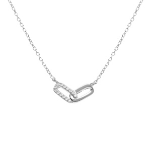 Collier argent rhodié 2 rectangles entrelacés 1 lisse 1 avec oxydes blancs sertis réglable 39 à 43cm