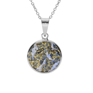 Collier en argent rhodié pendentif rond 15mm Murano véritable boréale 40+5cm bleu et doré