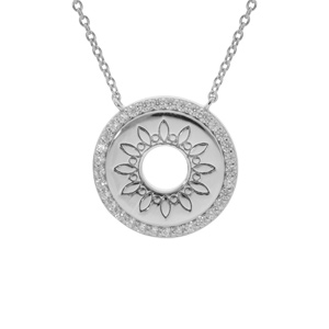 Collier argent rhodié disque motif soleil évidé entourage d'oxydes blancs 42+3cm