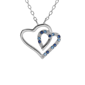 Collier argent rhodié pendentif double coeur contour oxydes bleus et blancs 42+3cm