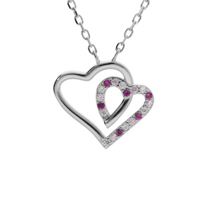 Collier en argent rhodié pendentif double coeur contour oxydes blancs et roses 42+3cm
