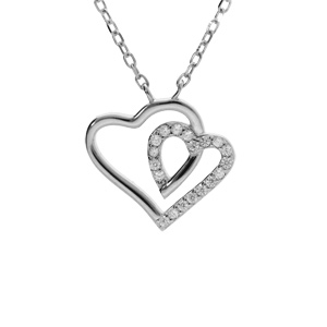 Collier en argent rhodié pendentif double coeur contour oxydes blancs 42+3cm
