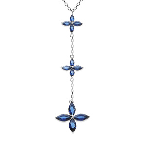 Collier argent rhodié pendentif 3 fleurs verre bleu foncé réglable 40 à 44cm