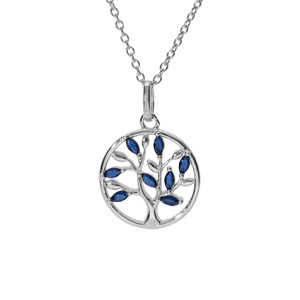 Collier argent rhodié pendentif cercle arbre de vie oxydes bleu 40+4cm