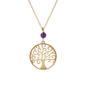 Collier argent doré jaune arbre de vie 20mm et boule jade violette véritable réglable 40 à 44cm