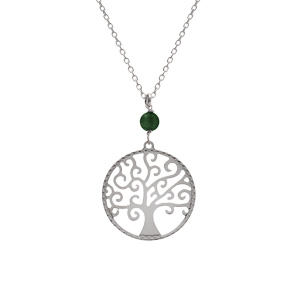 Collier argent rhodié arbre de vie 20mm et boule malachite véritable réglable 40 à 44cm