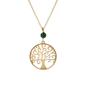 Collier argent doré jaune arbre de vie 20mm et boule malachite véritable réglable 40 à 44cm