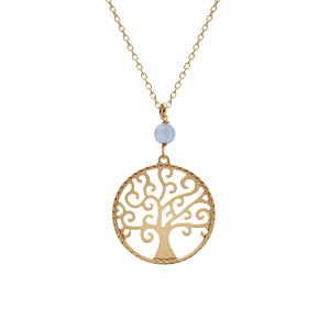 Collier argent doré jaune arbre de vie 20mm et boule jade bleu ciel véritable réglable 40 à 44cm