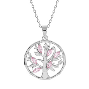 Collier en argent rhodié chaîne avec pendentif arbre de vie oxydes et oxydes roses clairs 40+4cm