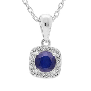Collier en argent rhodié chaîne avec pendentif Saphir véritable et contour carré de Topazes blanches