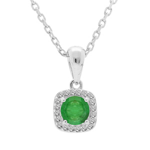 Collier en argent rhodié chaîne avec pendentif Emeraude véritable contour carré de Topazes blanches 