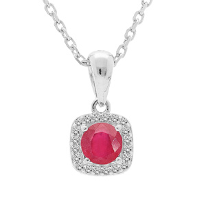 Collier en argent rhodié chaîne avec pendentif Rubis véritable et contour carré de Topazes blanches serties 42+3cm