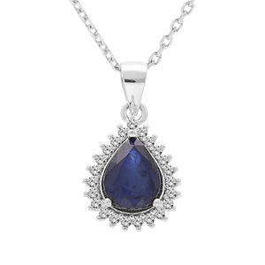 Collier en argent rhodié chaîne avec pendentif Saphir forme goutte et contour de Topazes blanches serties 42+3cm